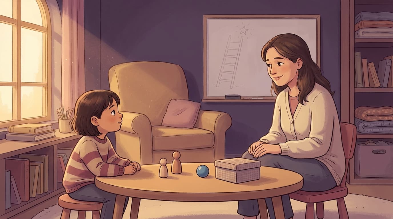 A speech-language pathologist supporting a child during a selective mutism session.