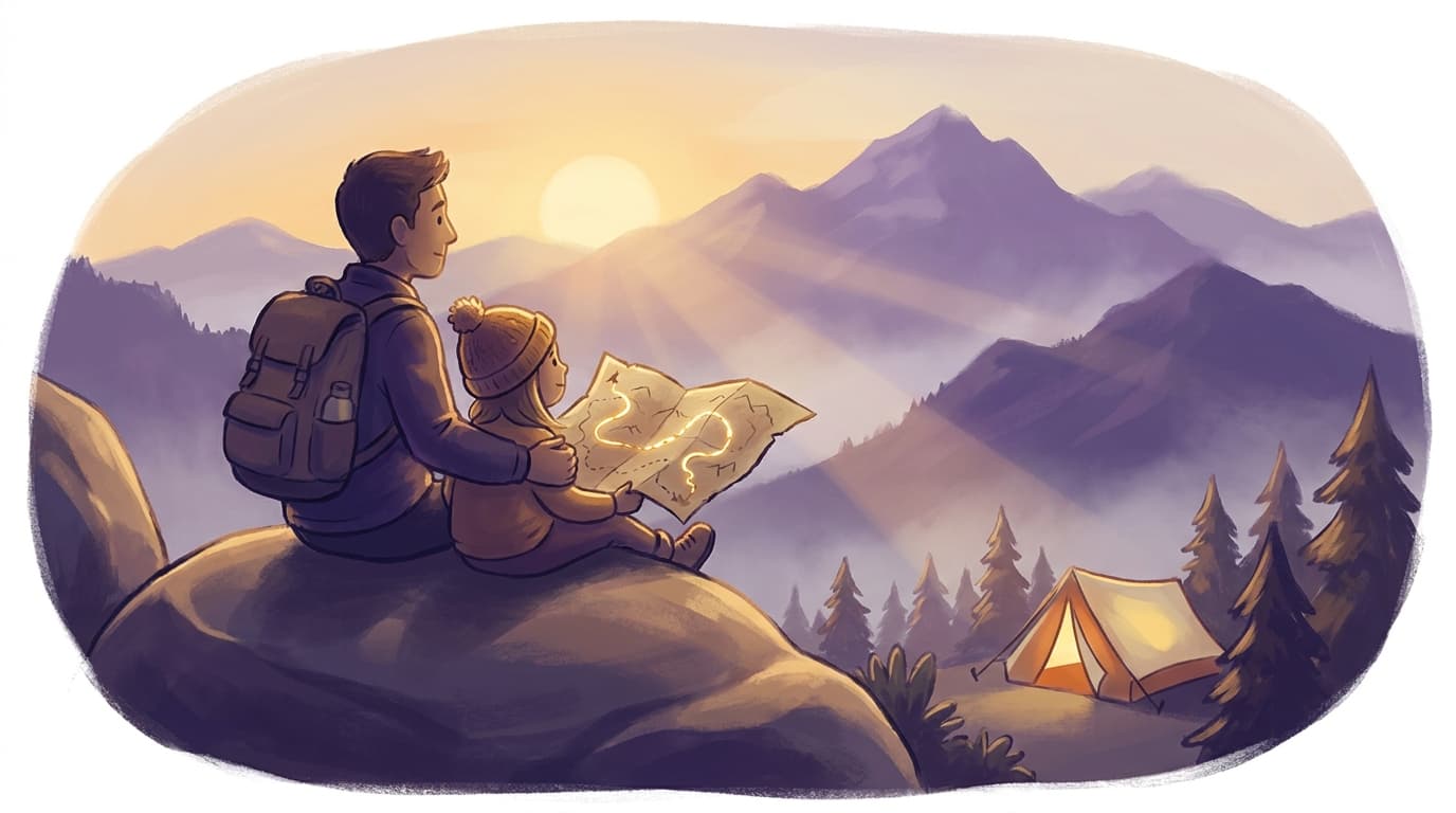 A parent and child sitting on a boulder together, looking toward a mountain trail and sunrise.