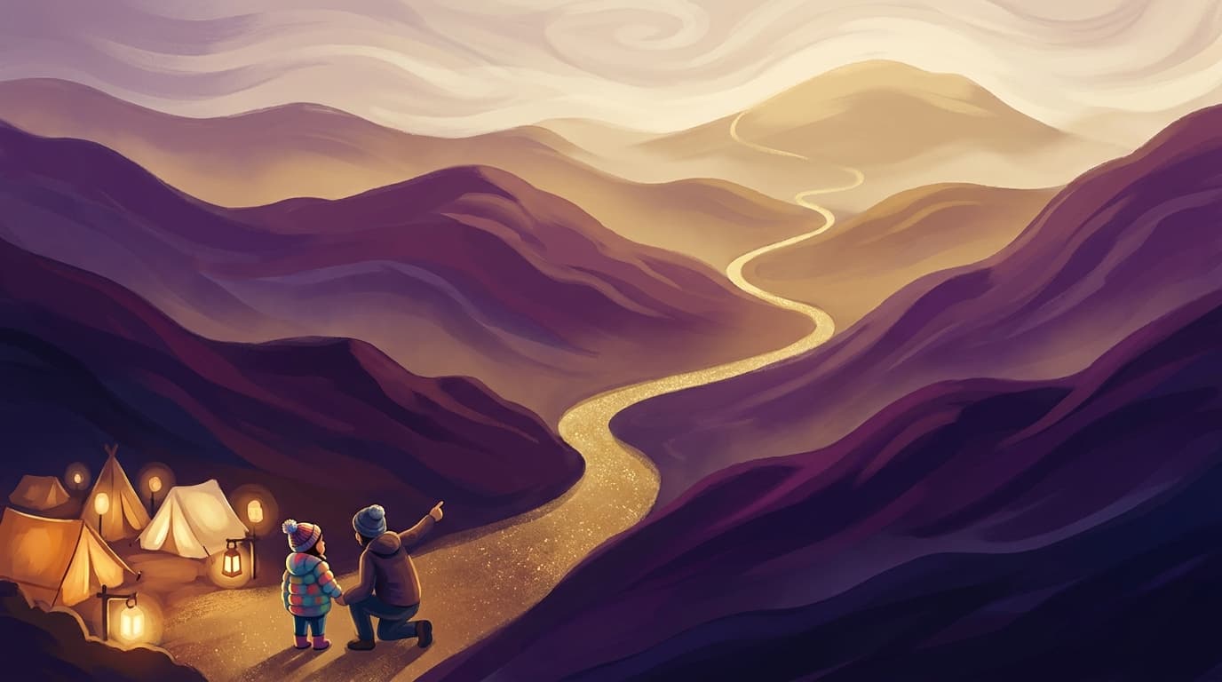 A parent and small child standing together at a basecamp, looking toward a glowing path through the mountains.
