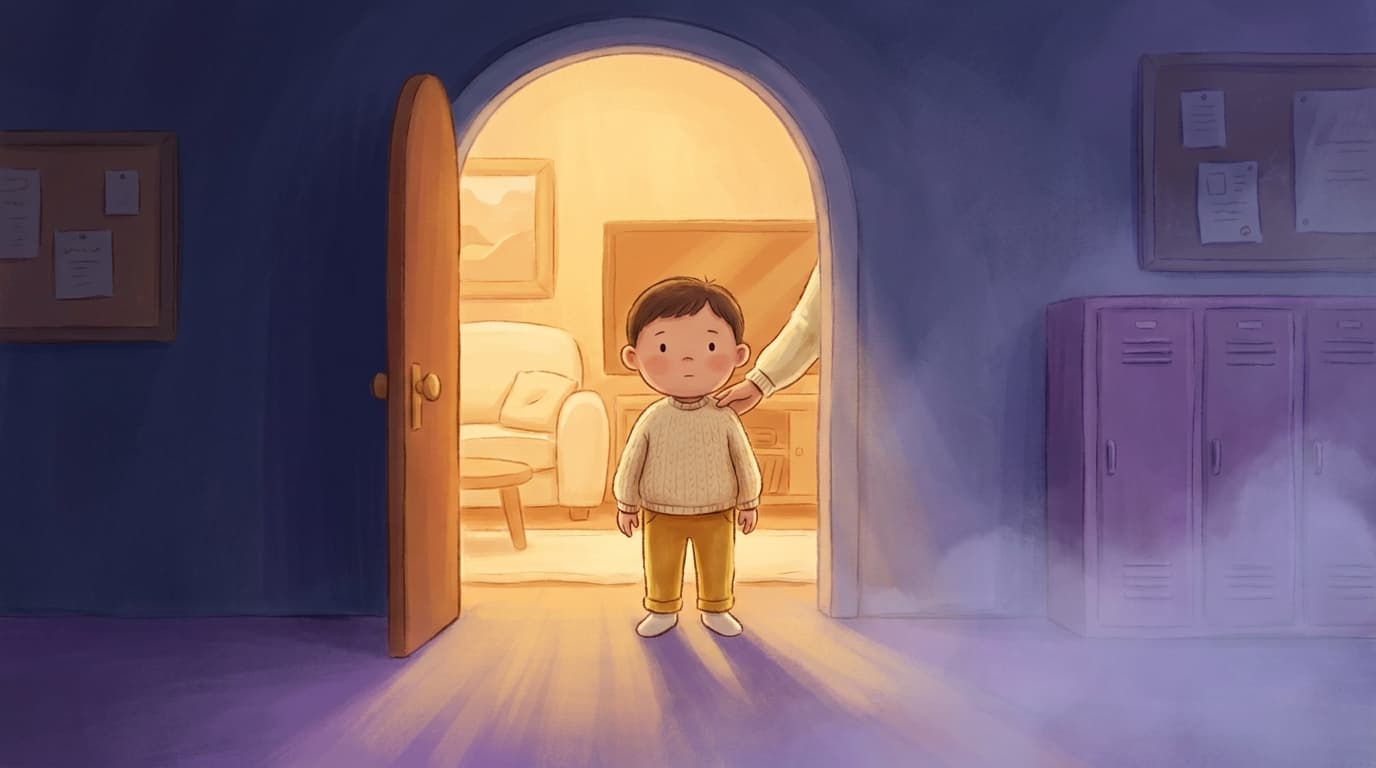 A preschooler standing silently in a doorway between the safety of home and the uncertainty of school.