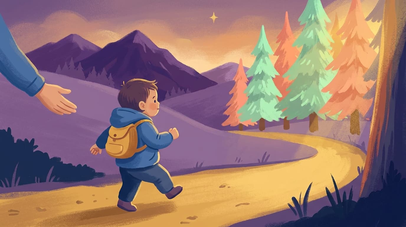 A preschool-aged child walking down a glowing trail with a parent's hand nearby for support.