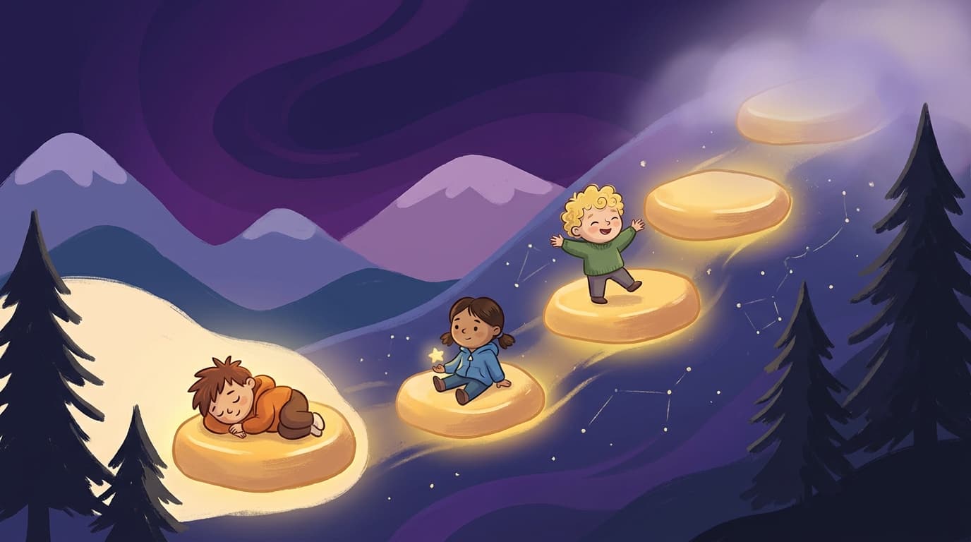 Children moving across glowing stepping stones up a mountainside, showing progress in small stages.