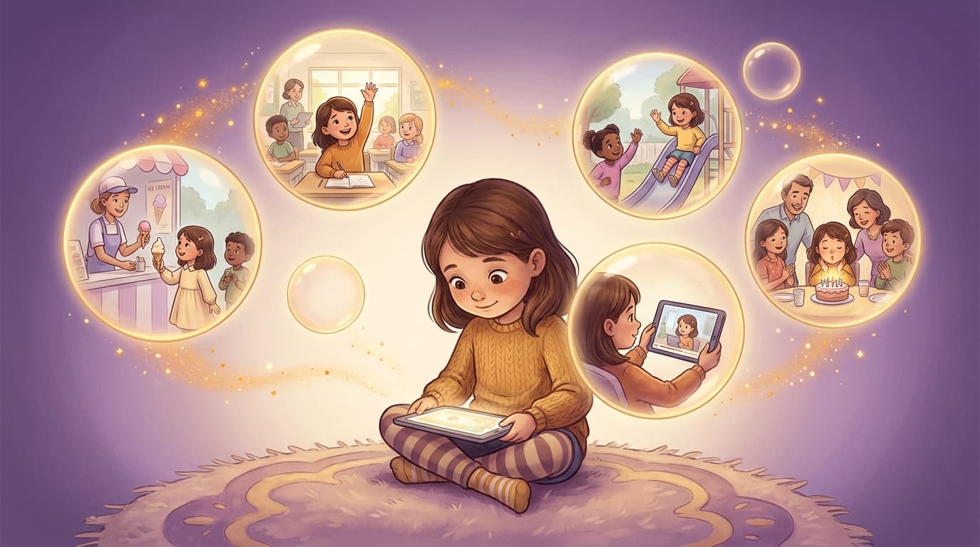 A parent and child learning about video self-modeling together in a calm, supportive moment.