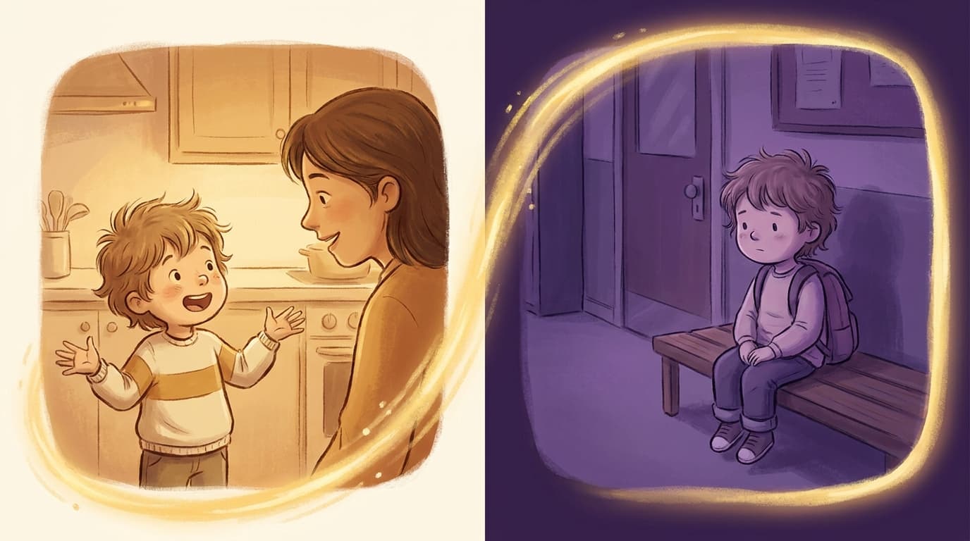 A child talking comfortably with a parent at home and then sitting silently at school.
