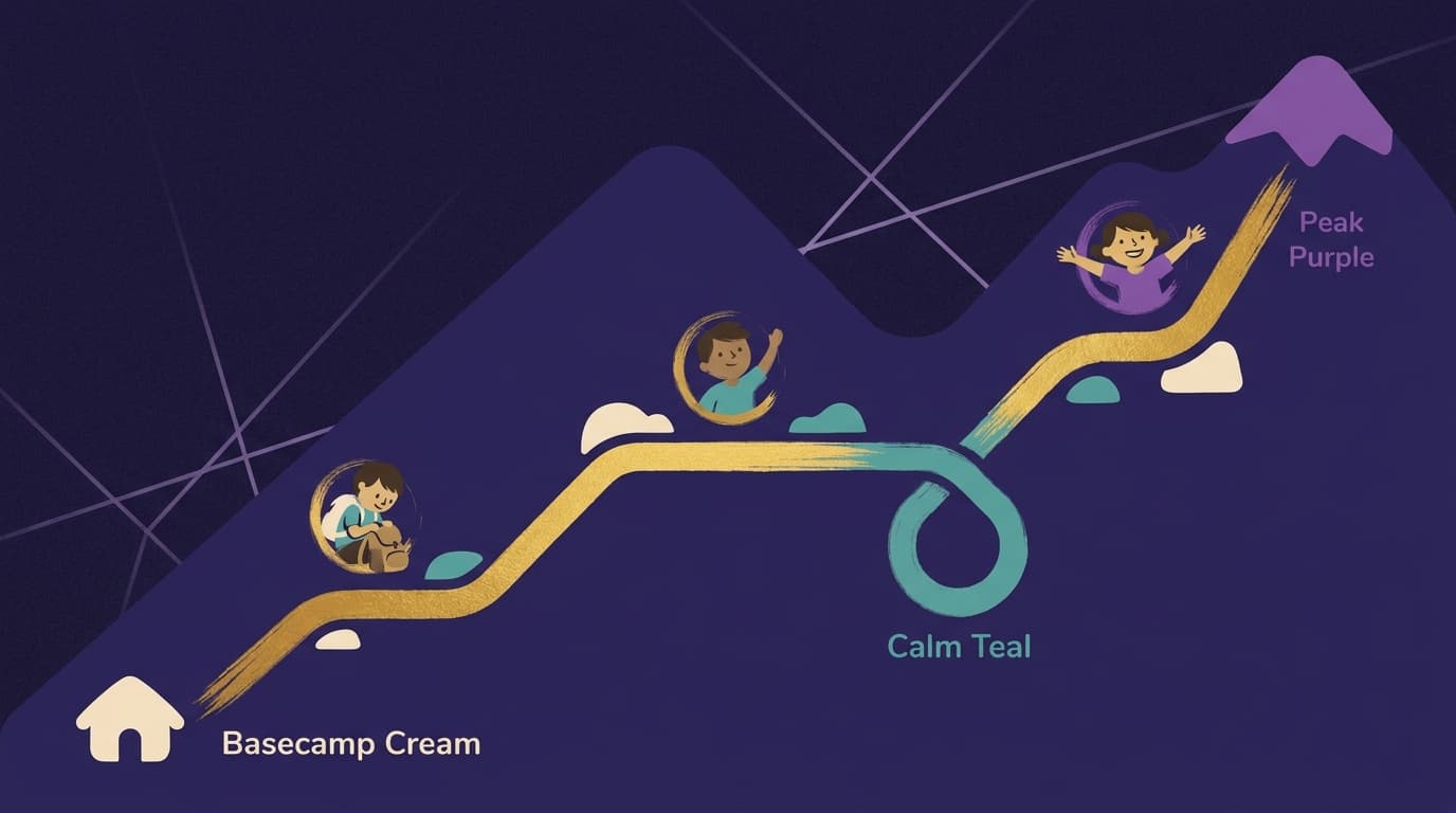 A mountain path climbing from basecamp toward a summit, showing stages along the way.