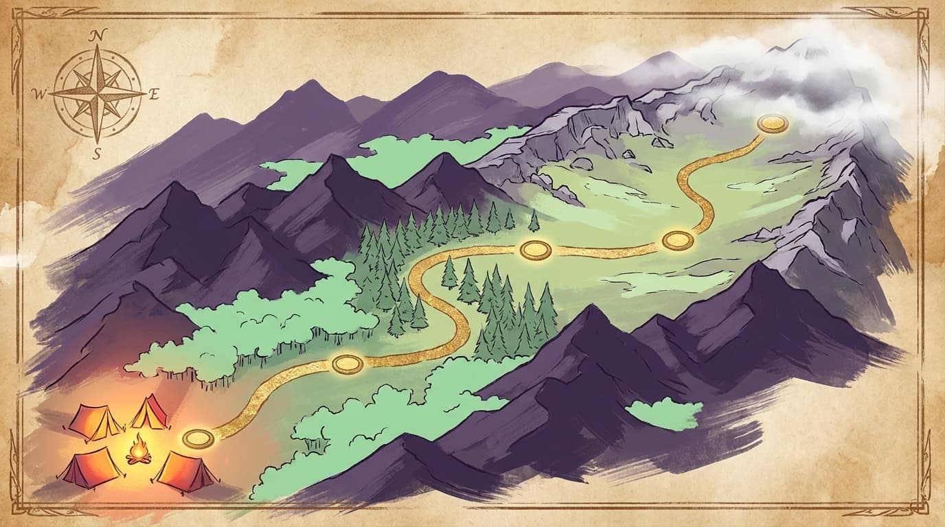 A mountain map with a winding gold trail and several waypoints from basecamp toward the summit.