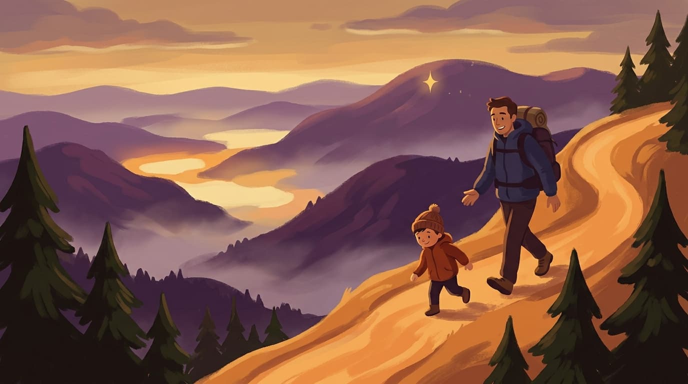 A parent and child walking together on a mountain path at sunset.
