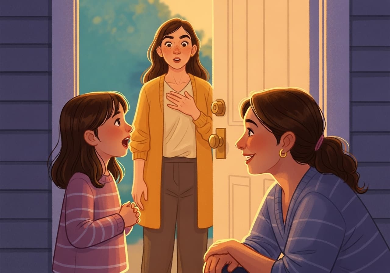 A child speaking to a neighbor for the first time while a parent observes nearby.