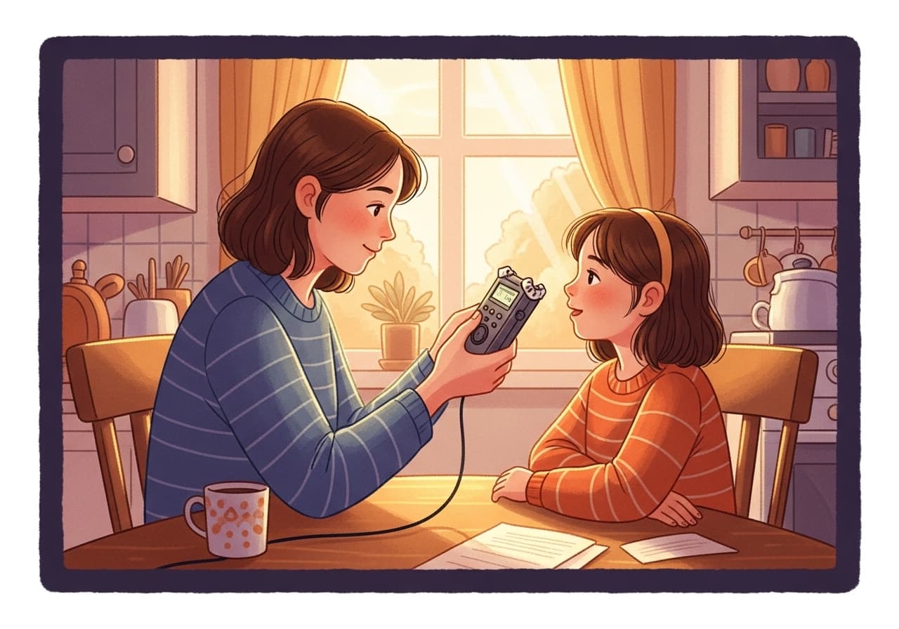 A parent and child recording audio together in a low-pressure home setting.