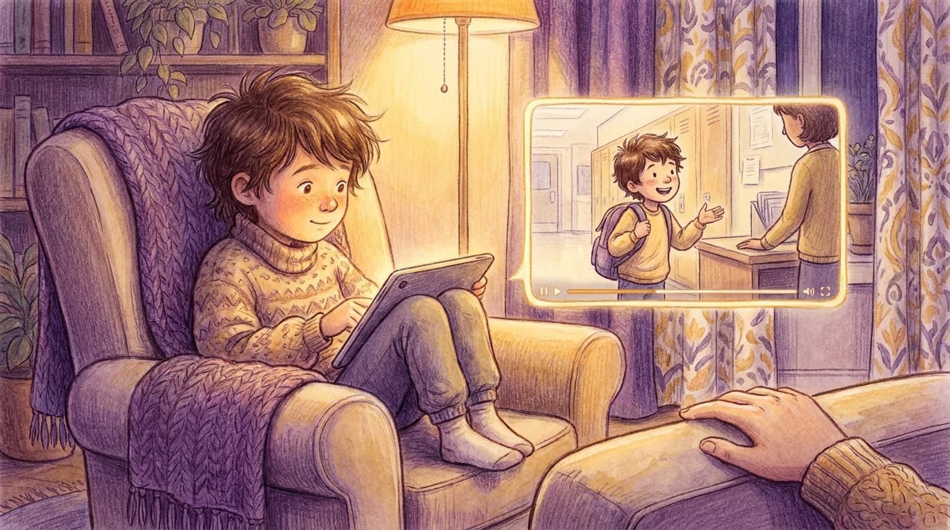 A child meeting a braver version of themselves through video self-modeling.